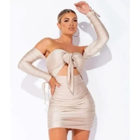 Beige Long Sleeve Off Shoulder Ruched Cutout Bodycon Mini Dress - Picture 1 of 17
